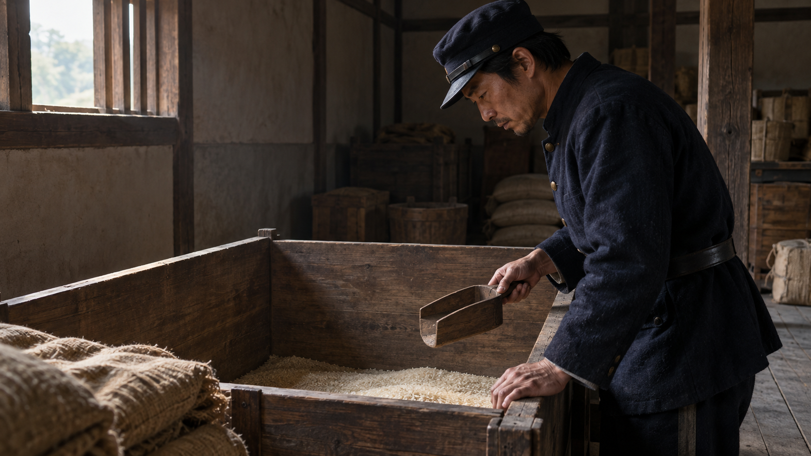 箱や袋のある室内で食糧を確かめる創作情景