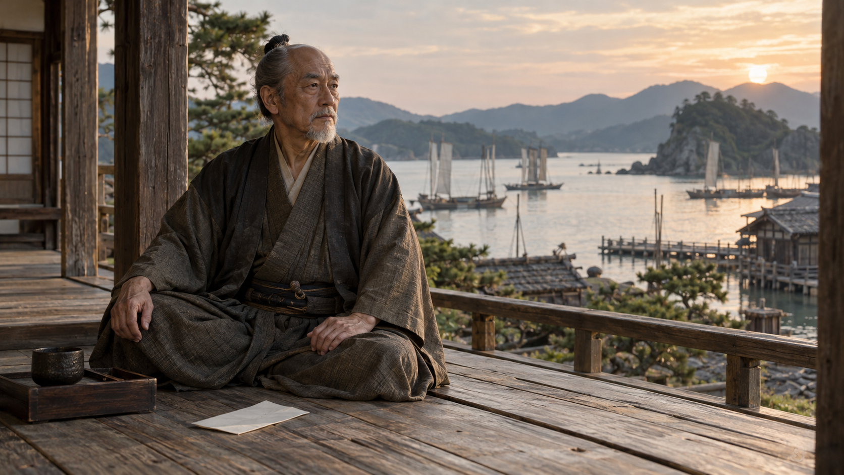 港を望む木造の縁側に座る年長男性の創作情景