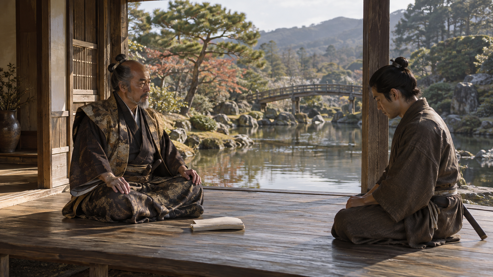 木造の縁側で向き合う二人の創作情景