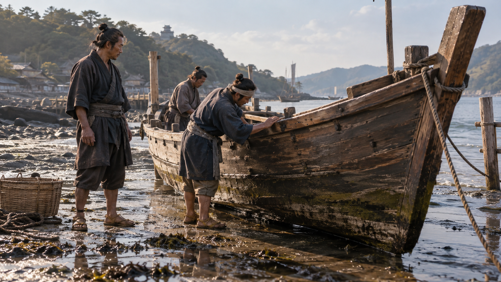 岸辺で木造船を手入れする人々の創作情景