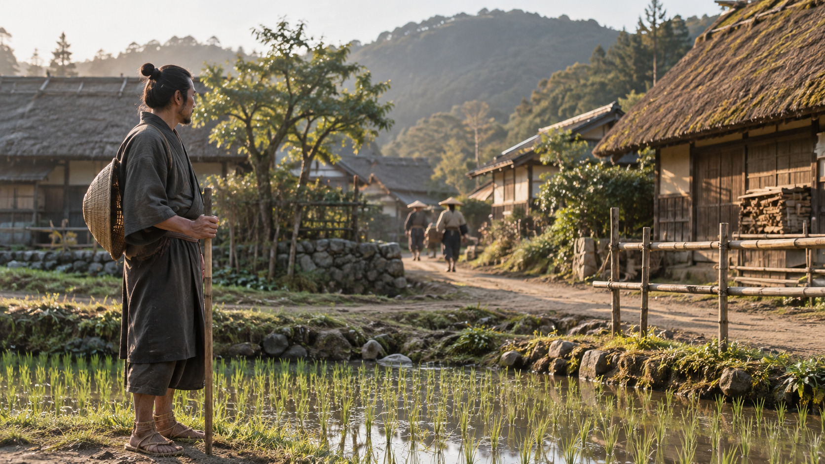 田と家のある村を望む人物の創作情景