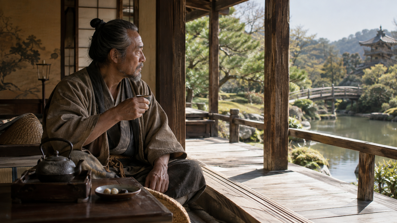 庭を望む縁側で白い紙を手にする人物の創作情景