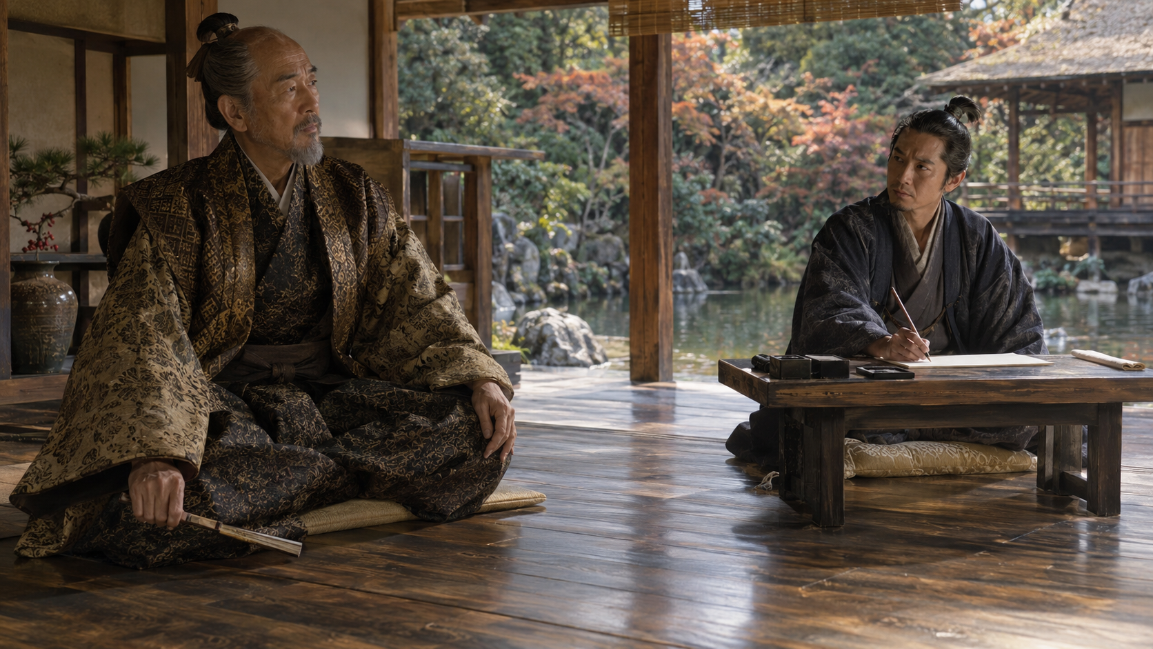 木造の座敷で文芸を交わす二人の創作情景