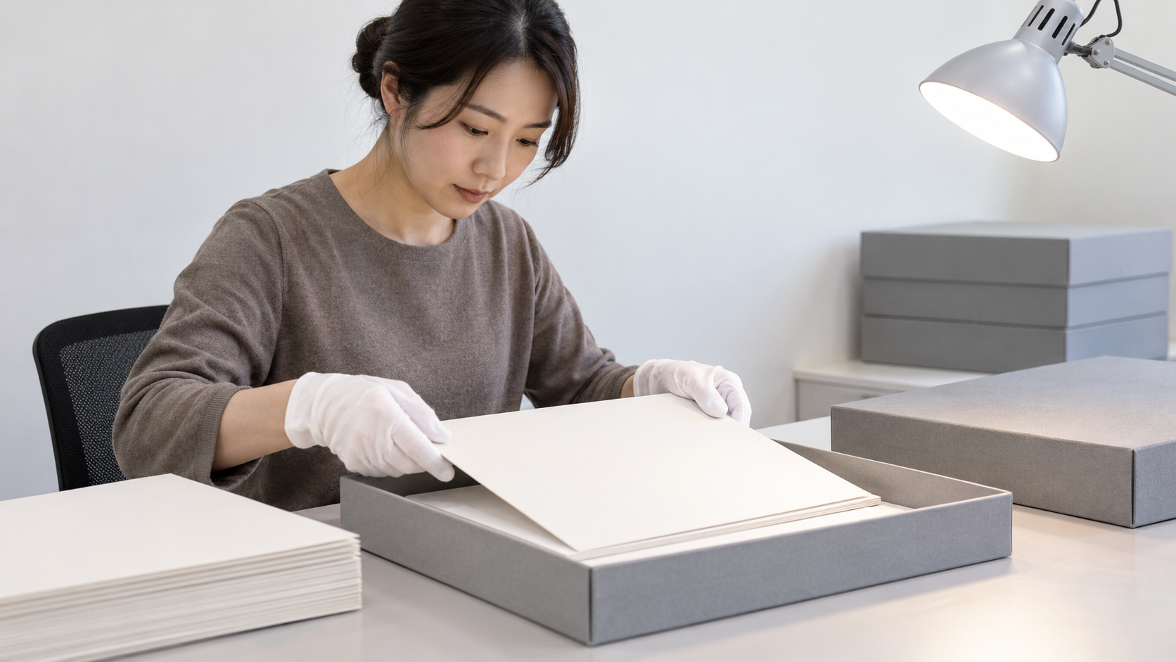 現代の机で保存箱と白い紙を扱う成人の創作情景
