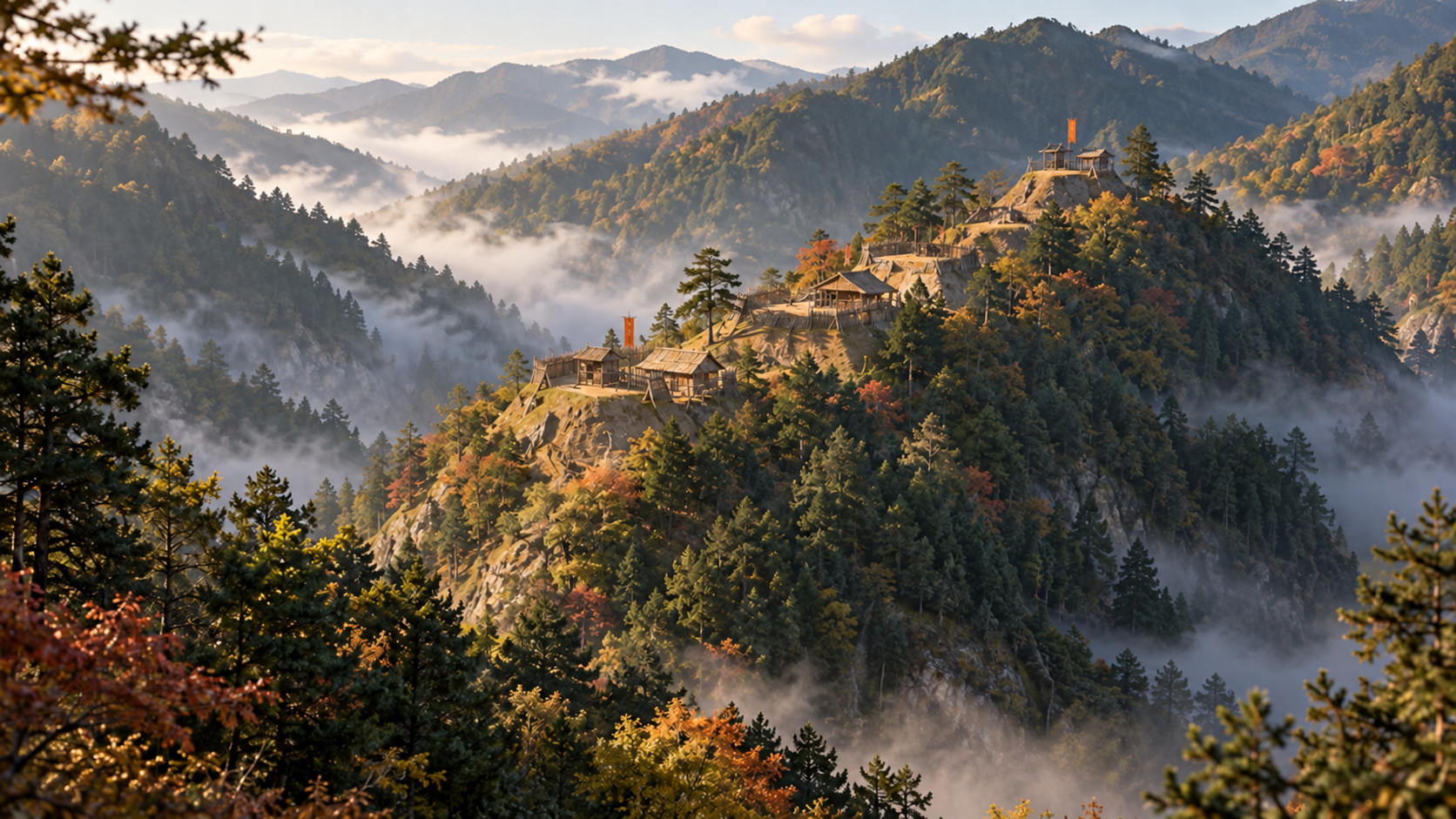 山の尾根と木の城柵を描いた概念風景