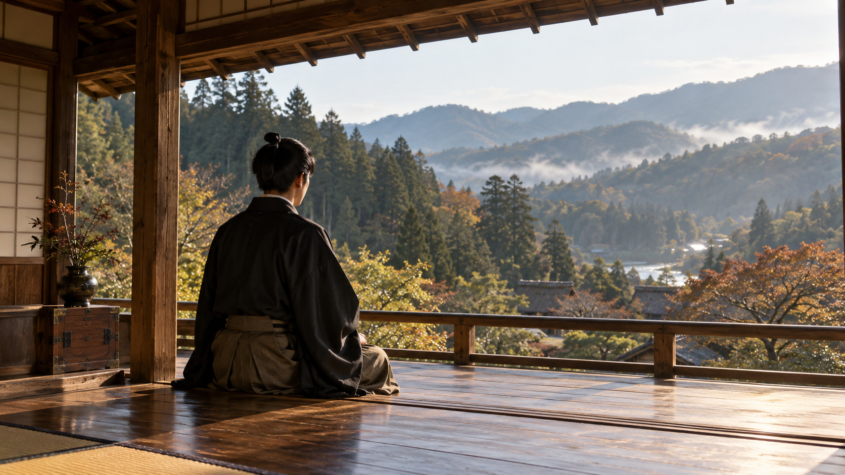 山並みを望む縁側に座る匿名人物の後ろ姿の創作情景