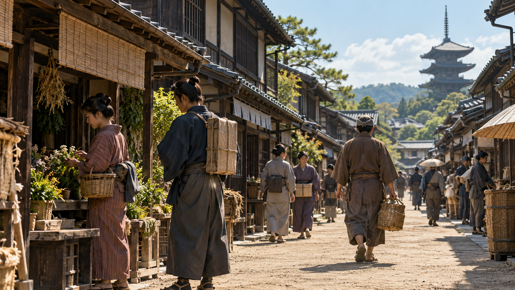 寺院の塔を遠くに見る木造の商家の通りを描く創作景観