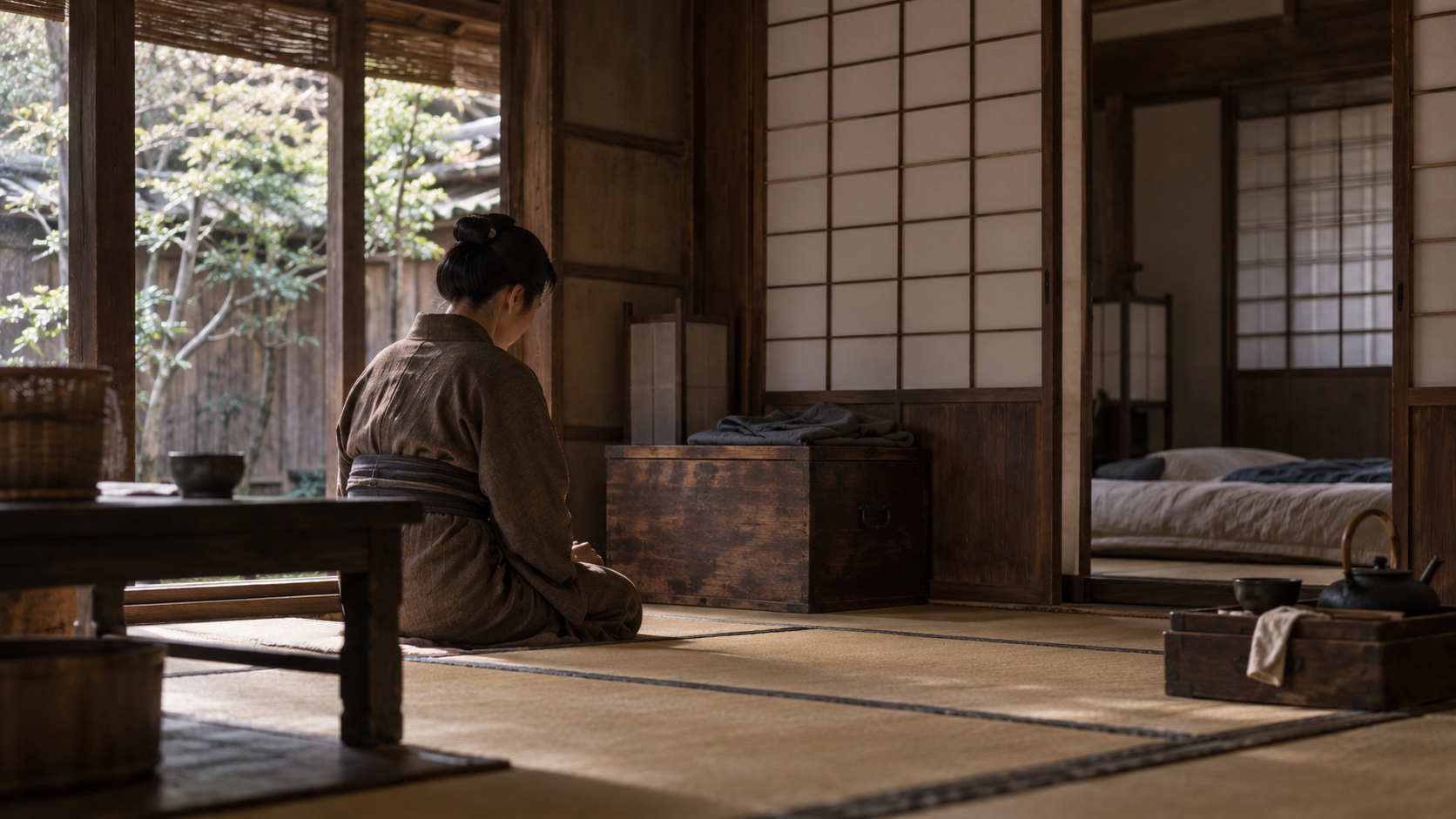 座敷に座る匿名人物と奥の寝具を描く創作情景