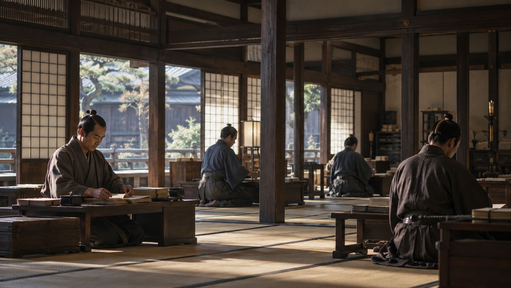 木造の広い室内で文書を前に座る匿名人物たちの創作情景