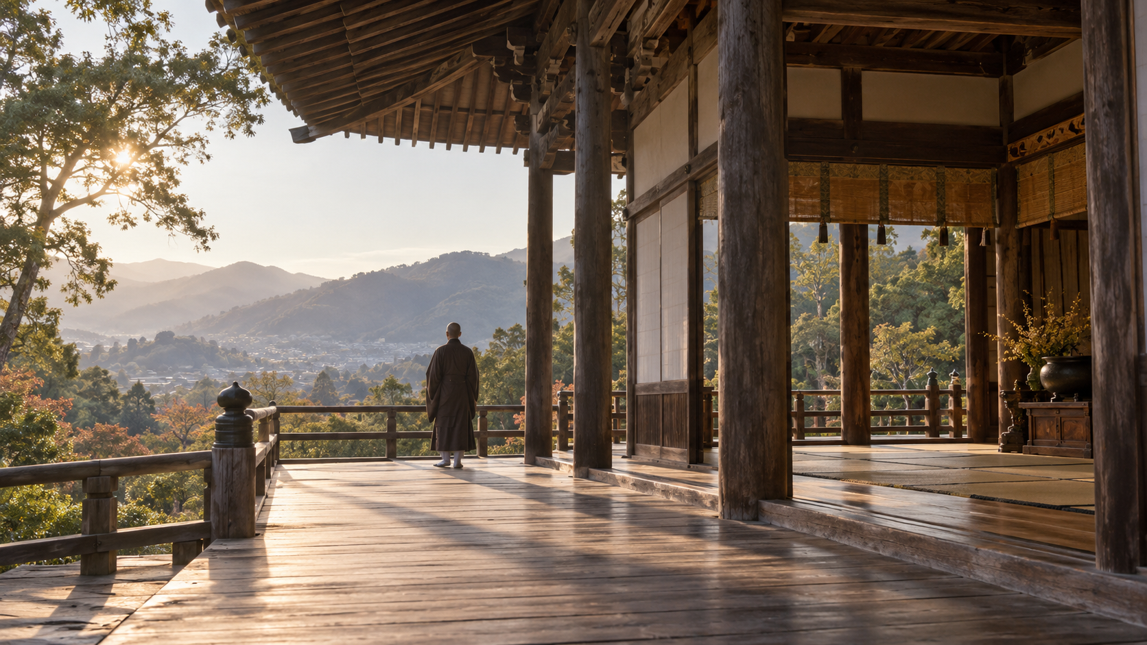 寺院の縁側から山並みを望む匿名人物の創作情景