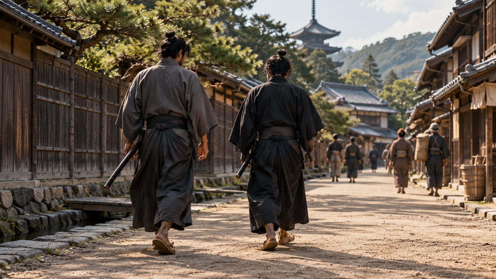 木造の町の通りを歩く刀を帯びた匿名人物二人の創作情景
