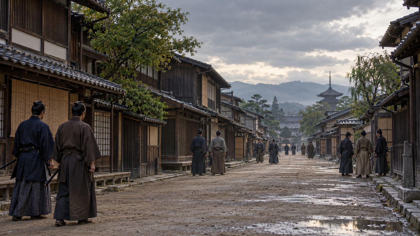 曇り空の木造の通りに立つ匿名人物たちの創作情景