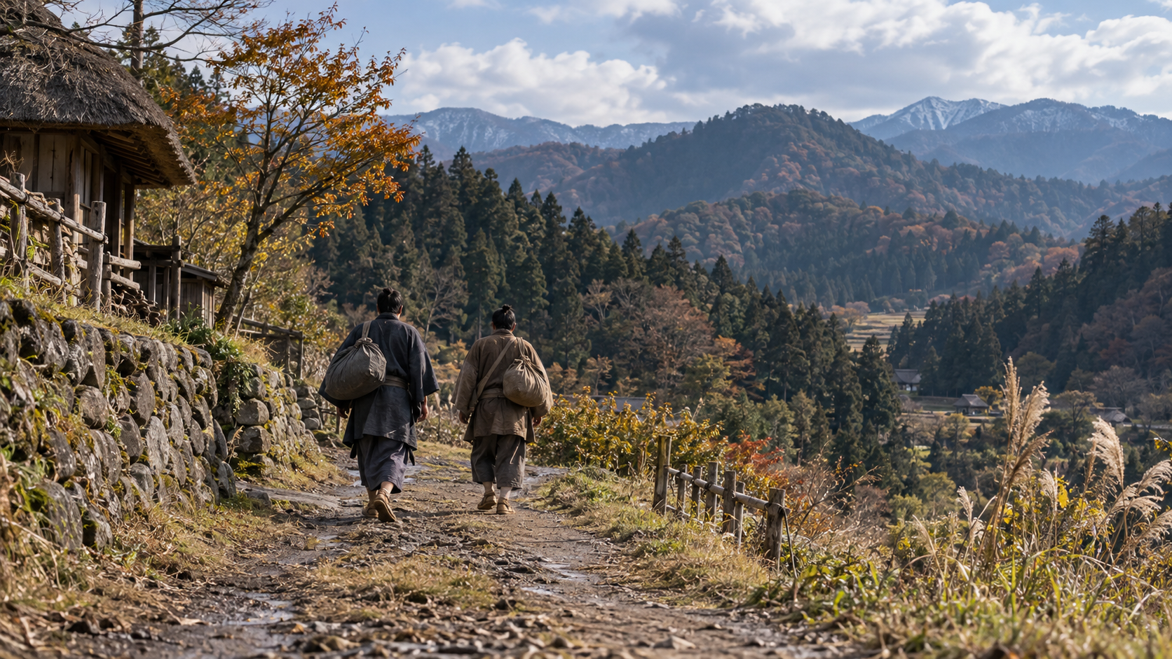 秋の山里の道を歩く匿名人物二人の創作景観