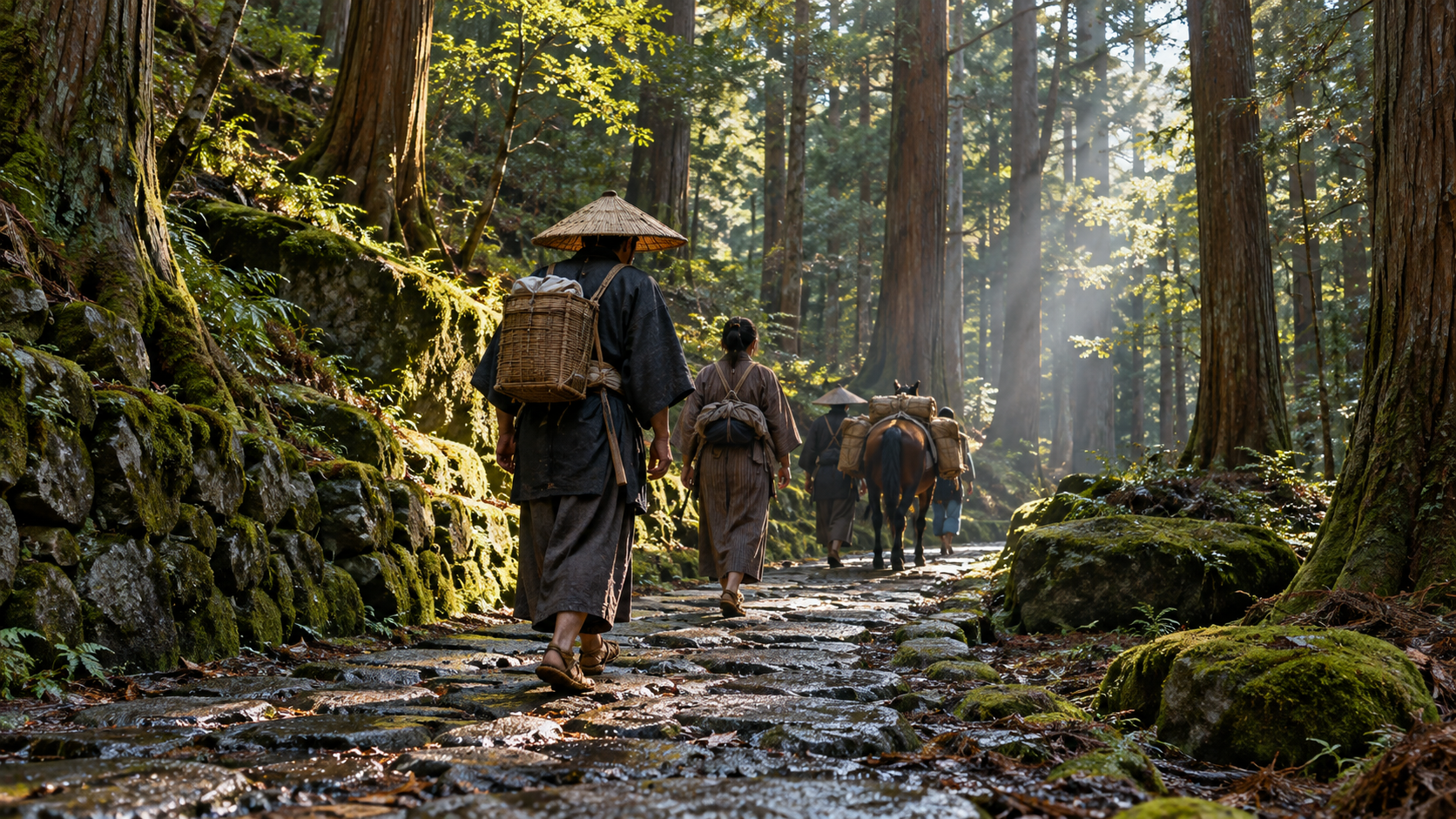 杉林の石畳を歩く匿名の旅人と荷を運ぶ馬の創作情景