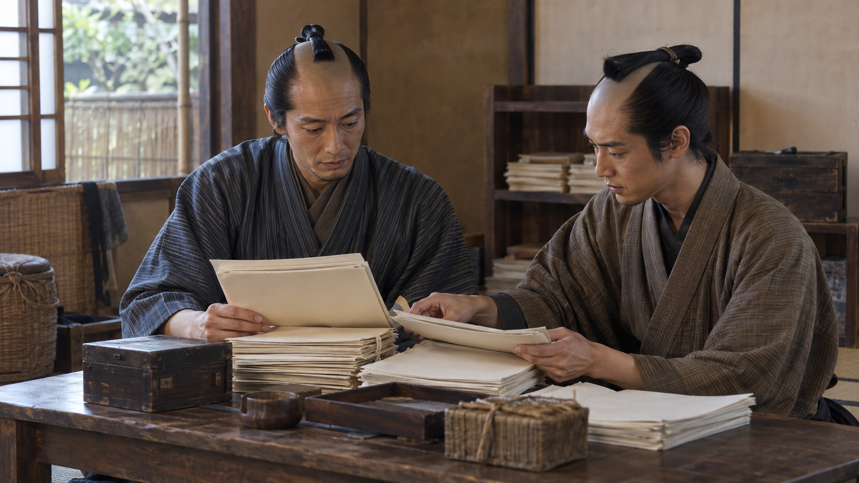 紙束を前に机で相談する匿名の大人二人の創作情景