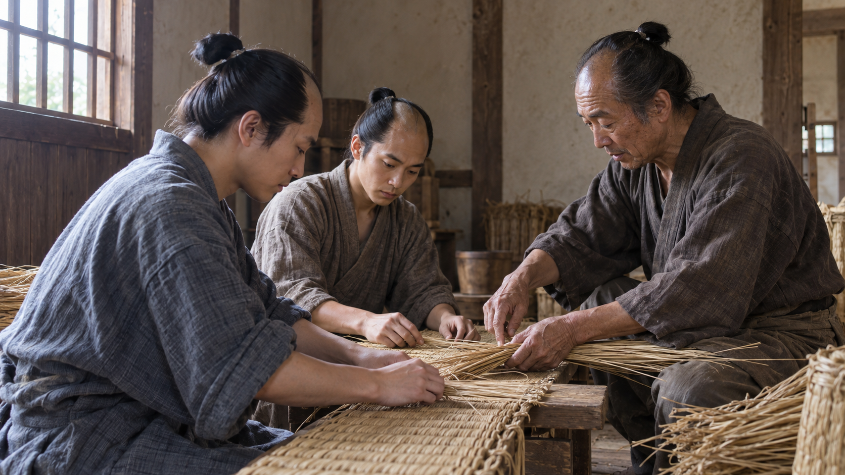 木の台で藁を編みながら技術を教わる匿名の人々の創作情景