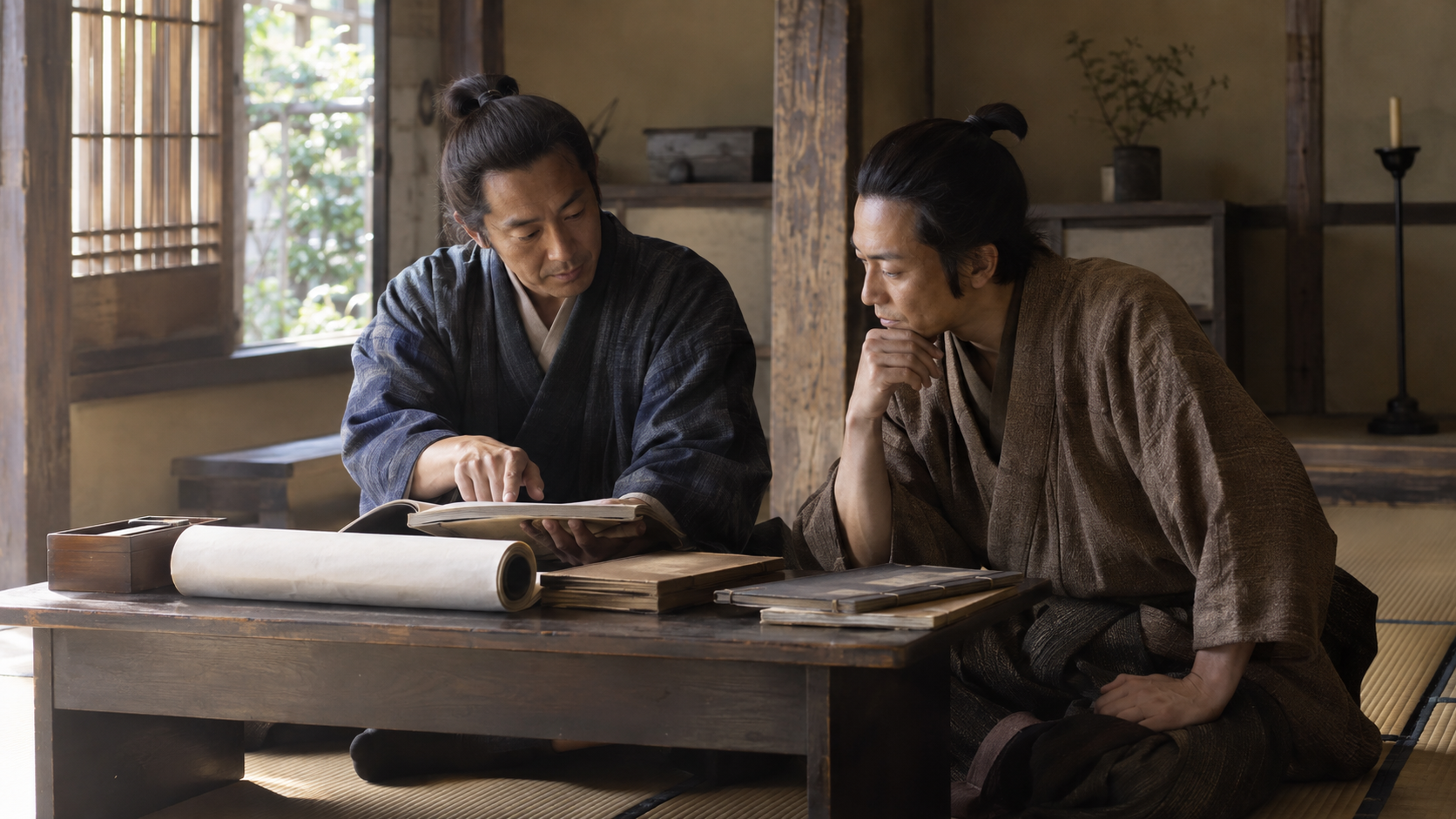 冊子と巻物を机に置き話す匿名の大人二人の創作情景