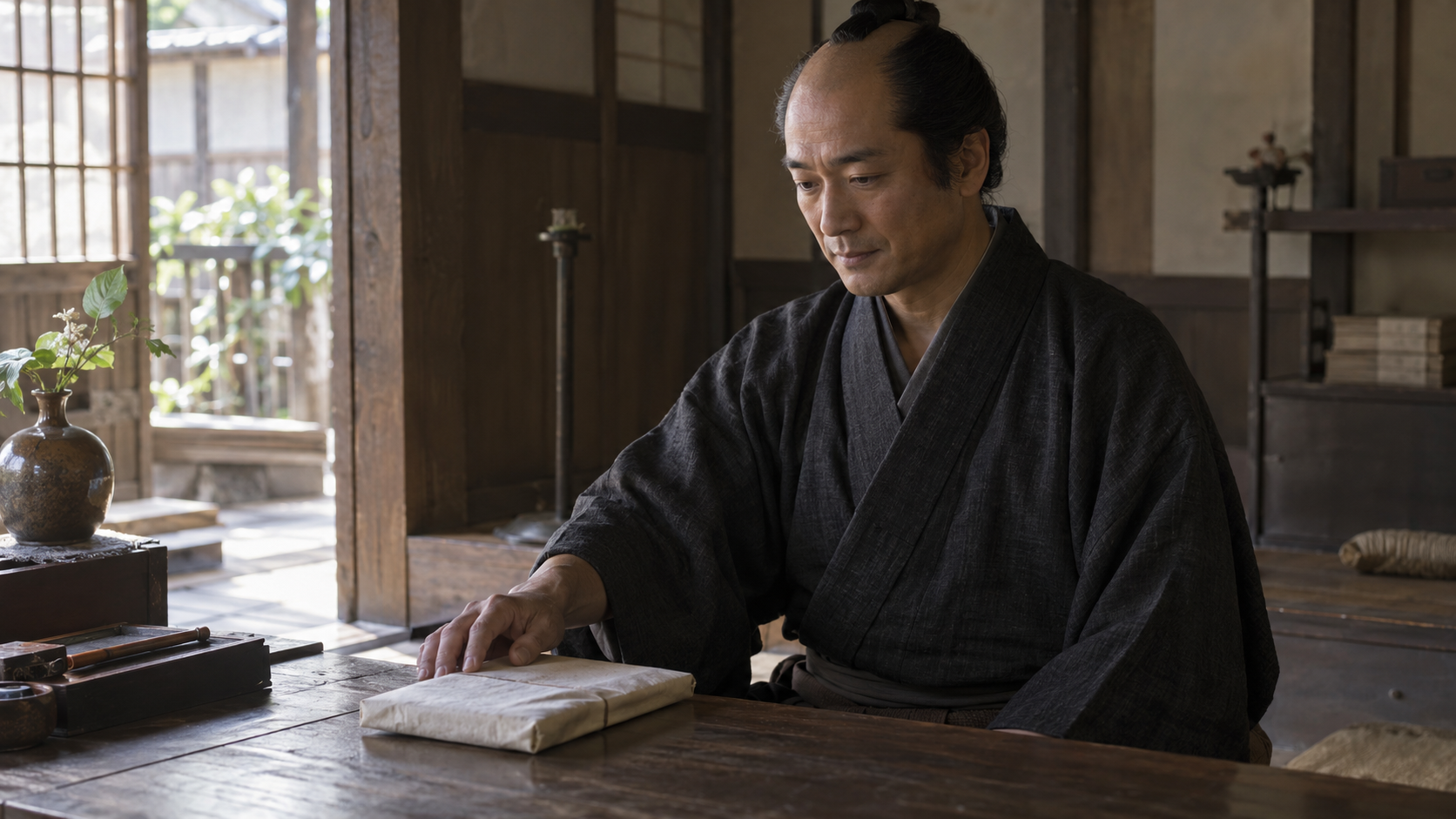 低い机の紙に手を添える匿名人物の創作情景
