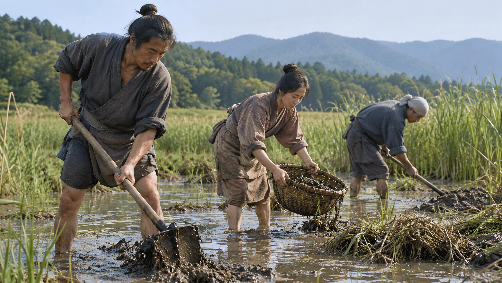 湖畔の泥と草を道具や籠で運ぶ匿名の人々の創作情景
