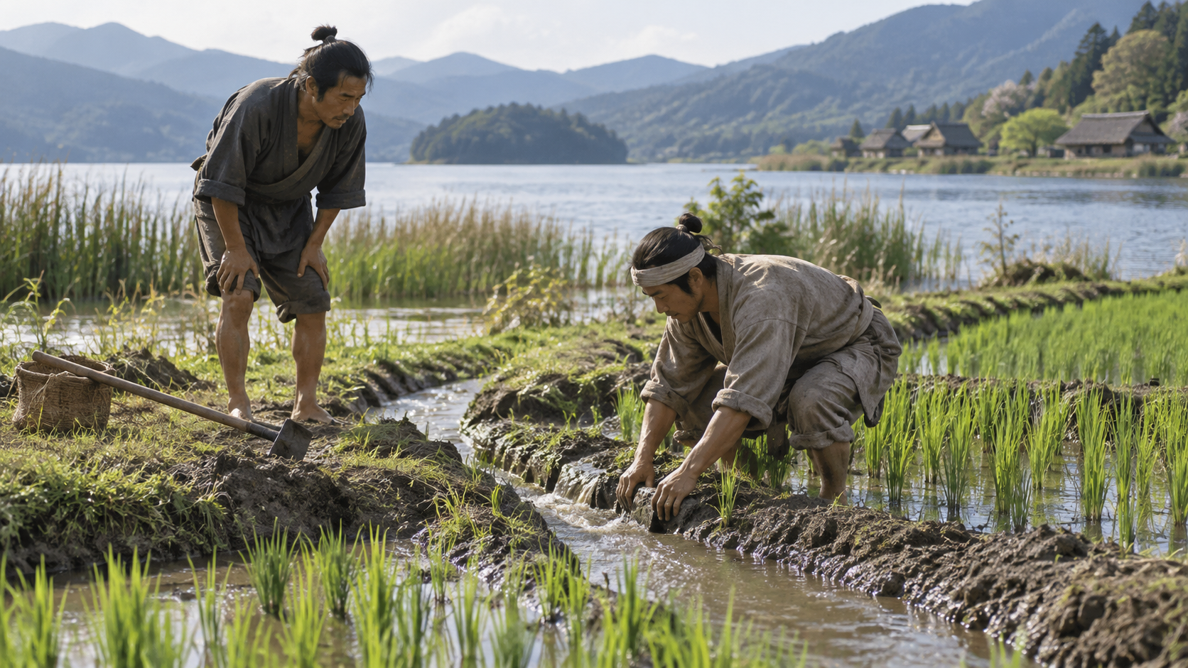 湖近くの田の畔や水路で働く匿名の人々の創作情景