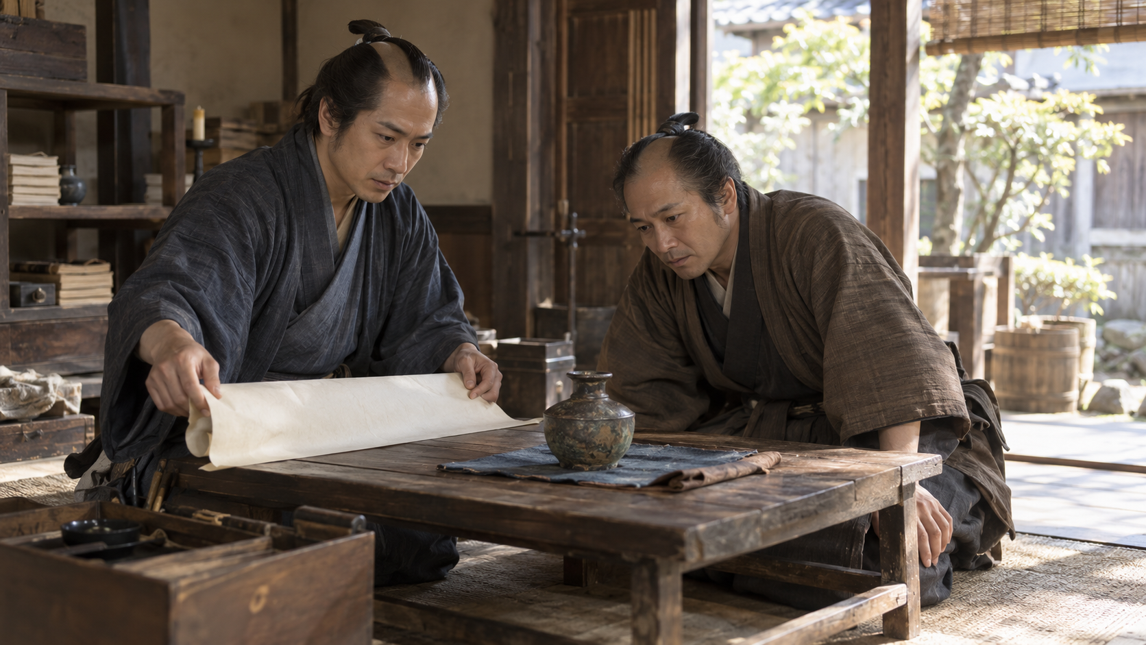 机上の紙と器物を見つめる匿名の大人二人の創作情景