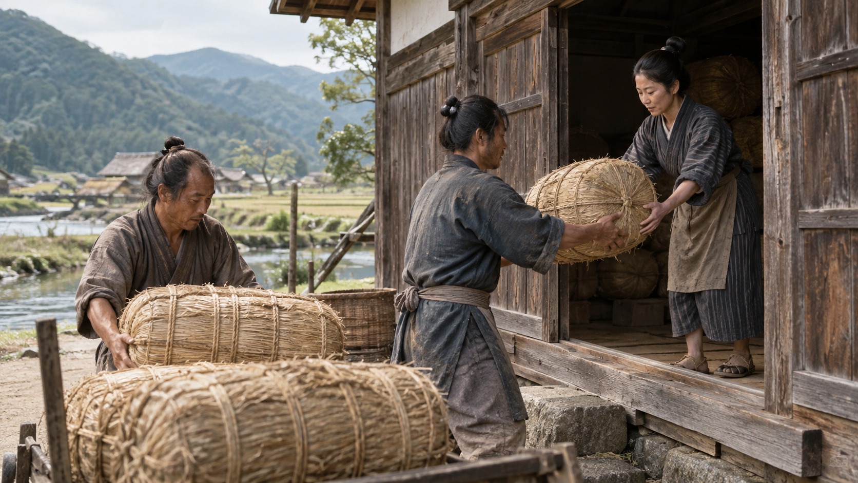 木造の倉の前で俵を扱う匿名の人々の創作情景