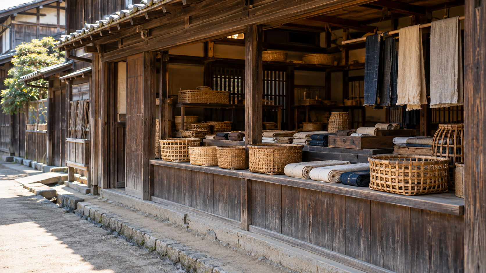 反物や籠を並べた木造の店先を描く創作情景