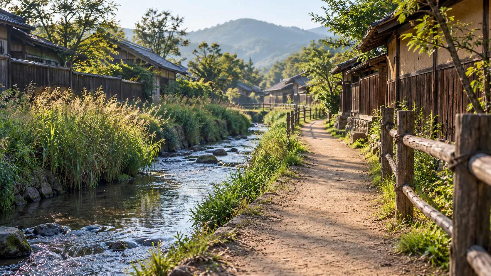 木造の家並みの間を流れる水路と道を描く創作景観