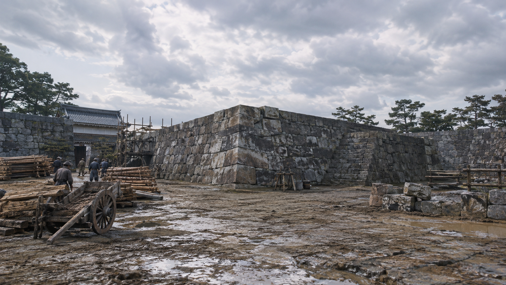 Imagined low stone platform without a tower, with building work nearby