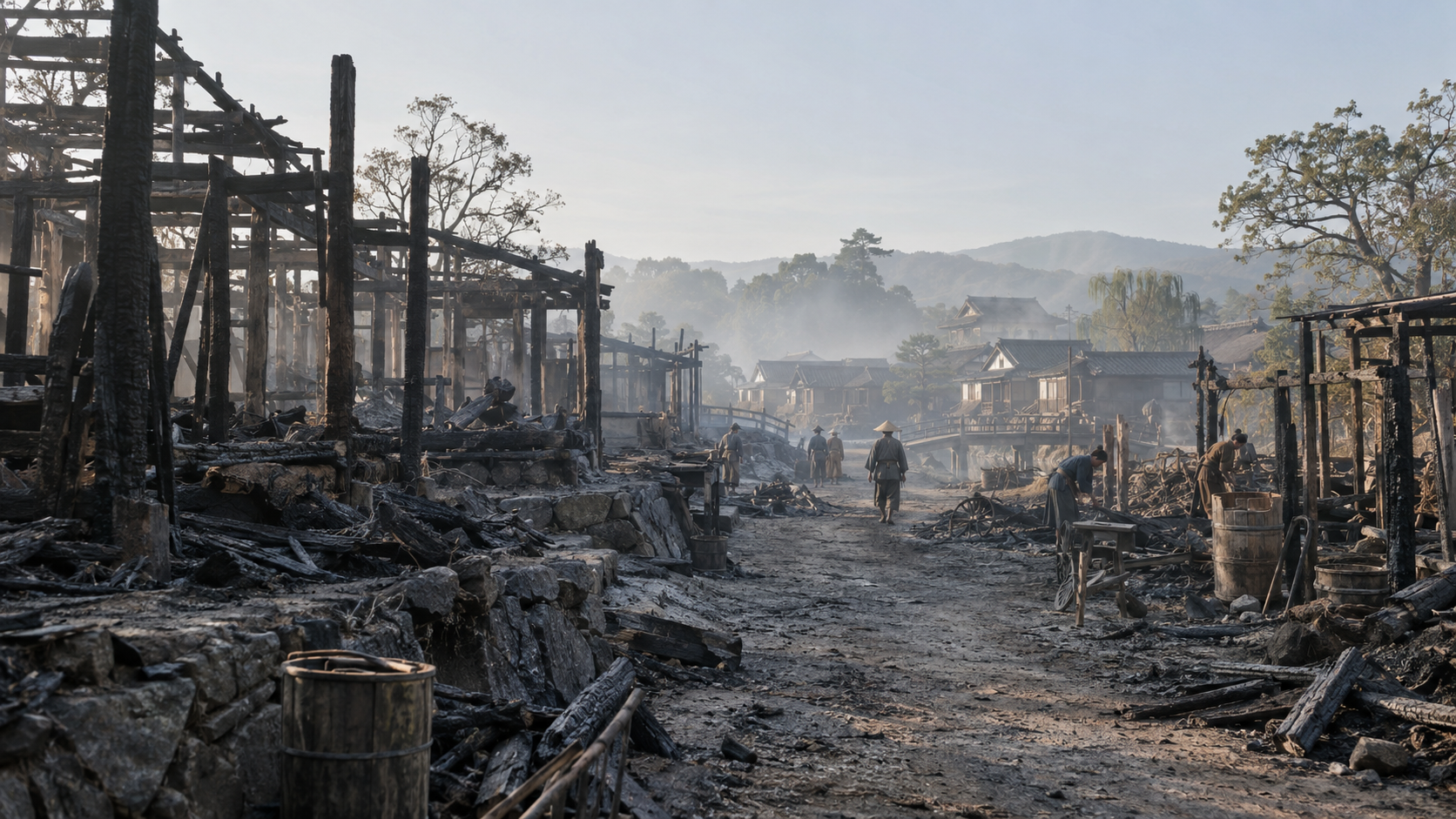 Imagined street among burned timber house frames