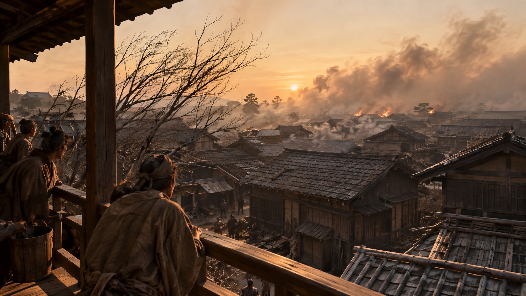Imagined smoke moving over timber rooftops in strong wind