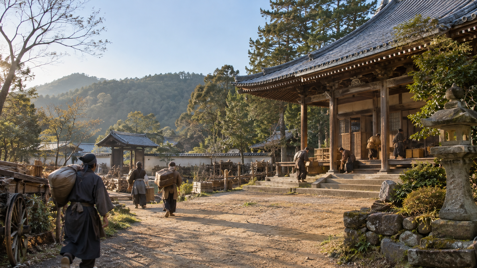 Imagined people carrying belongings near a temple in an outlying area