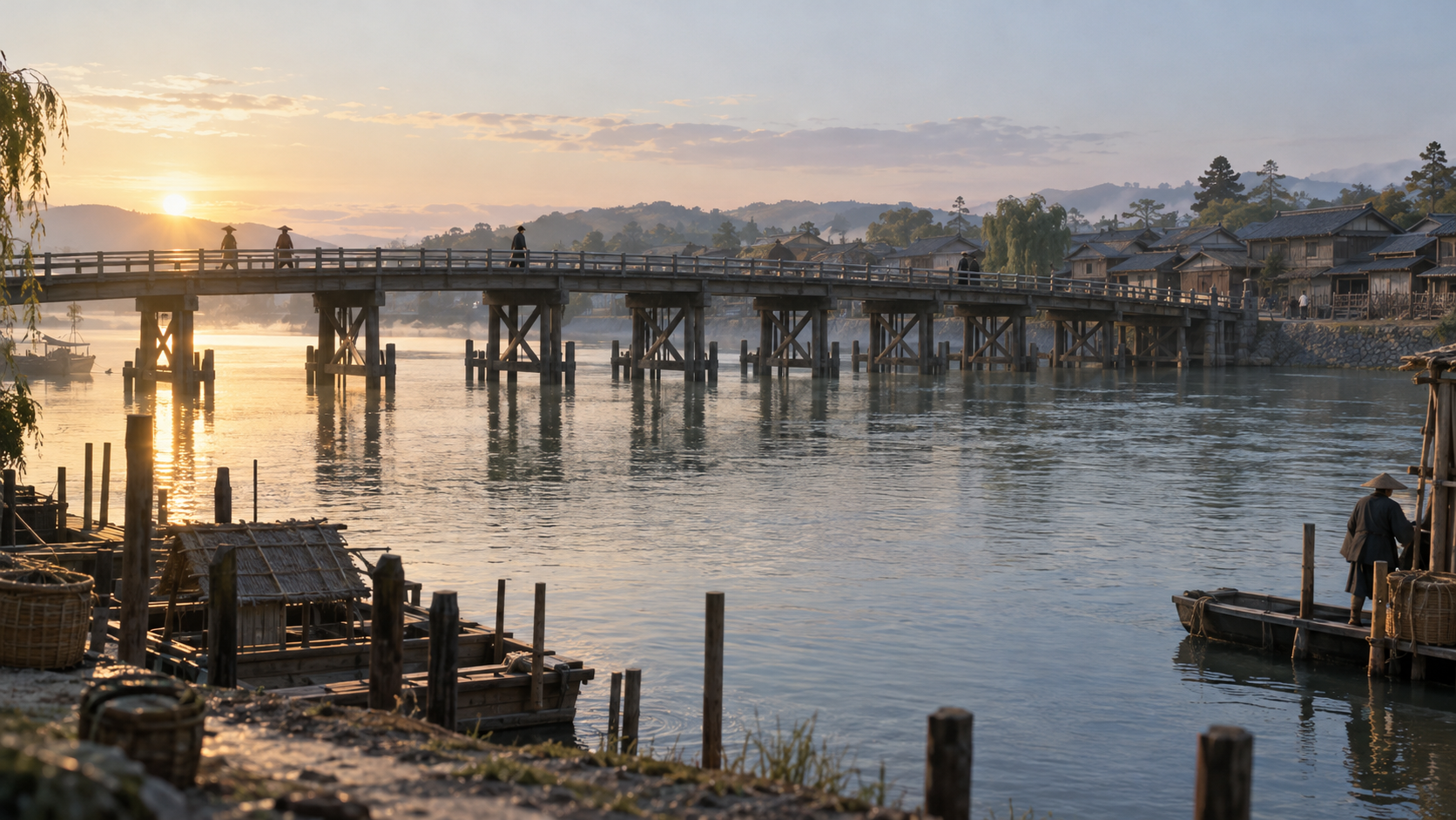 Imagined wooden bridge spanning a river toward timber buildings on the far bank
