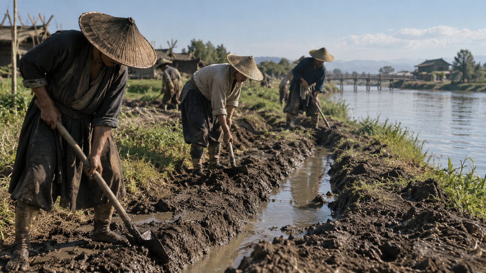 Imagined workers digging earth beside a waterway