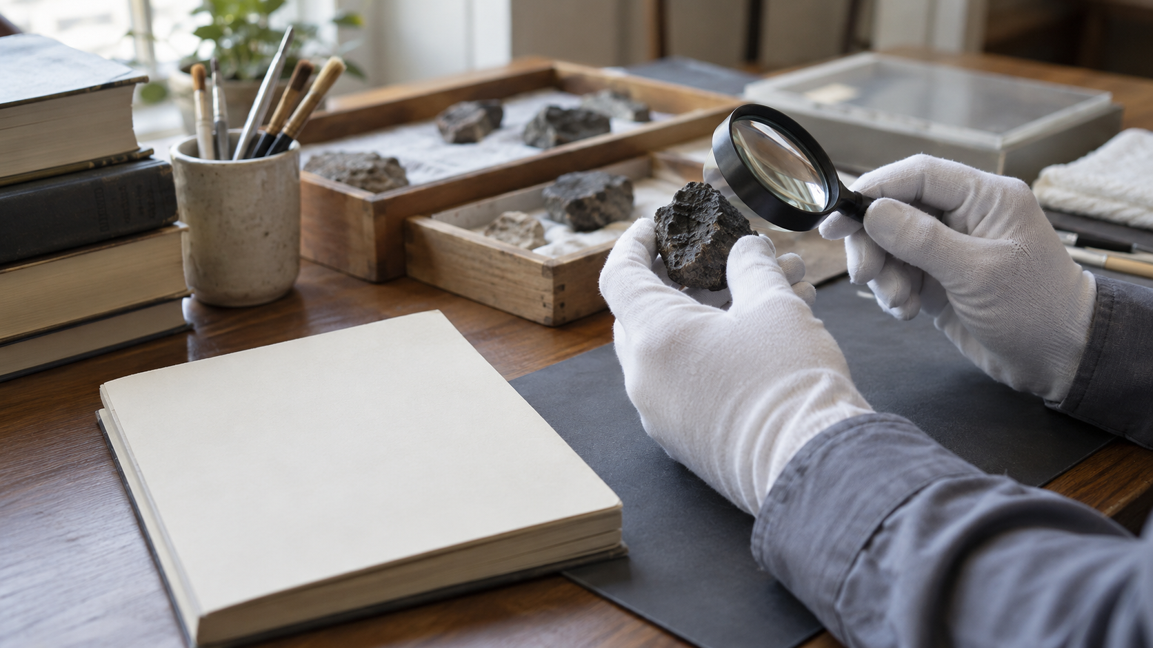 Imagined modern gloved hands examining a small stone with a magnifier