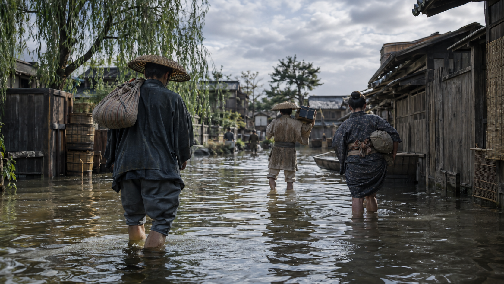 Imagined people carrying belongings through water in a timber-built town