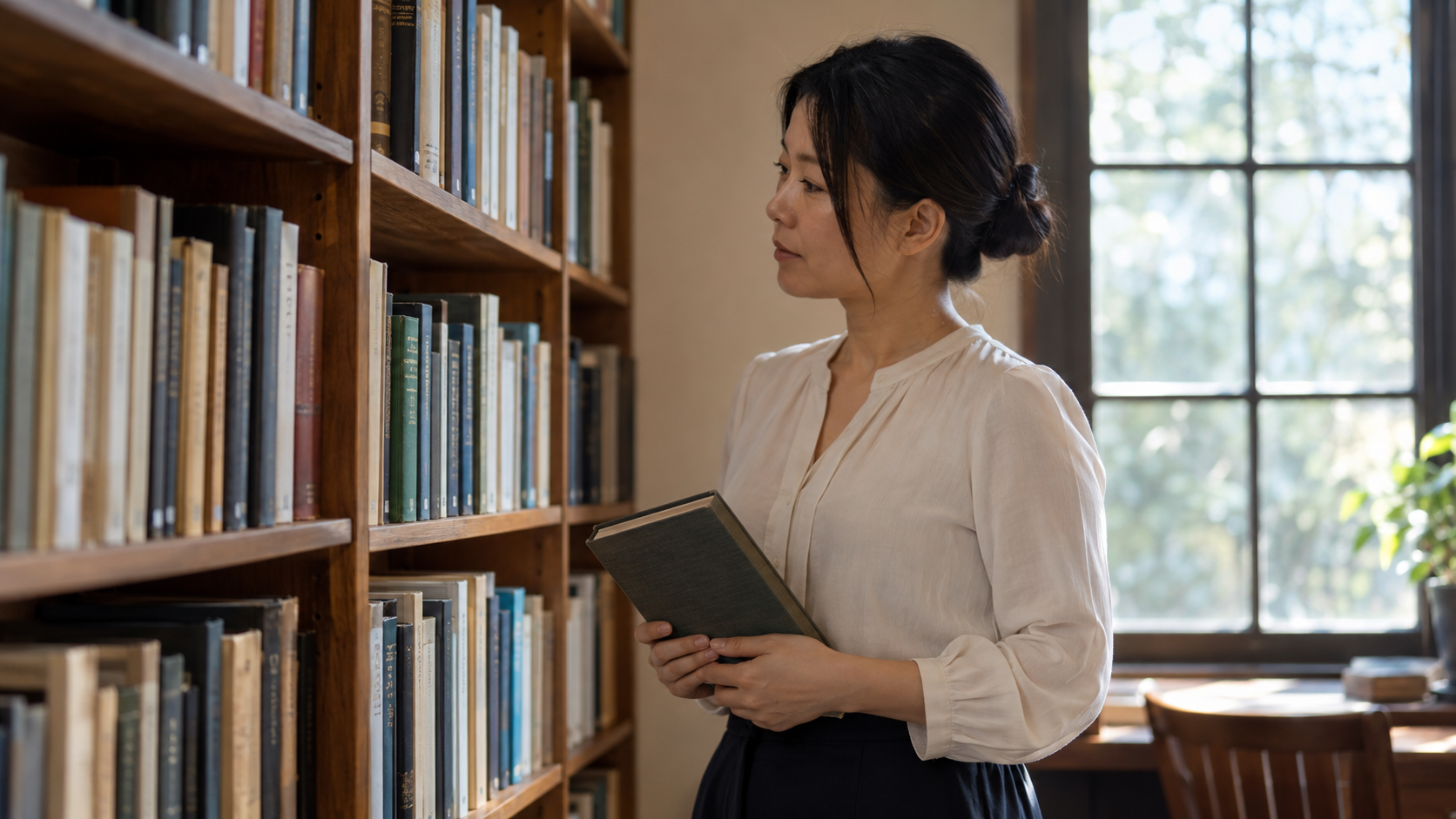 Imagined modern researcher holding a book in front of library shelves