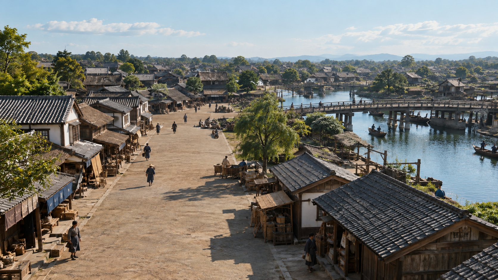 Imagined broad street and timber neighbourhood beside a river