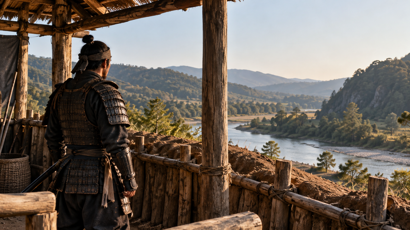 木造の物見から川を望む匿名の武士の創作情景