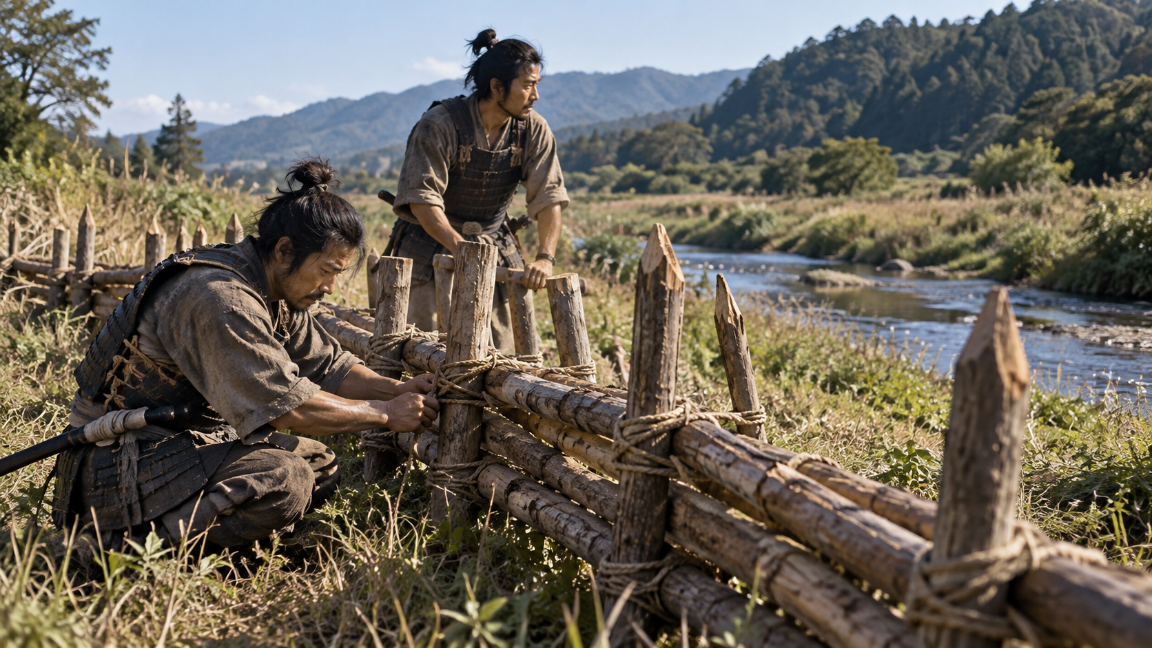 川沿いで木柵を組む二人の成人の創作情景