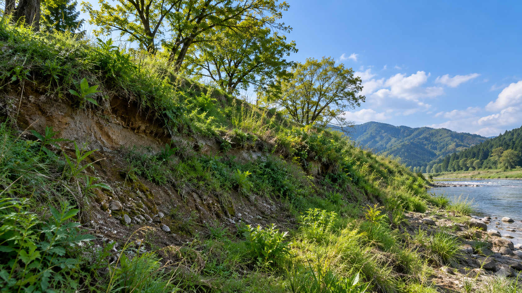 川岸で高さの違う地面を見上げる創作景観