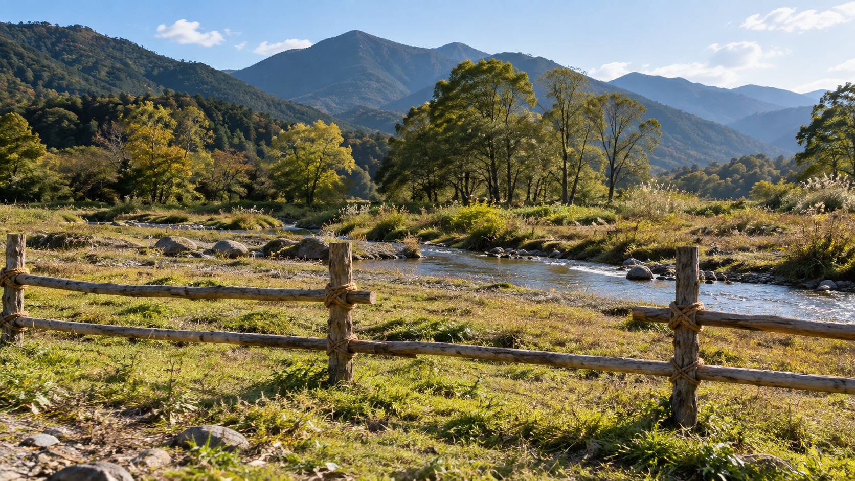 現在の復元柵を考えるための一般的な木柵と川の創作景観