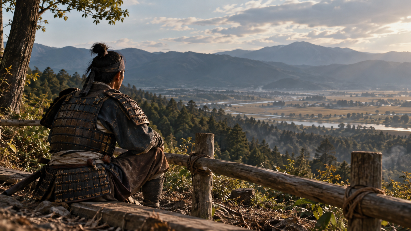 木柵のそばに座り低地を望む匿名の武士の創作情景