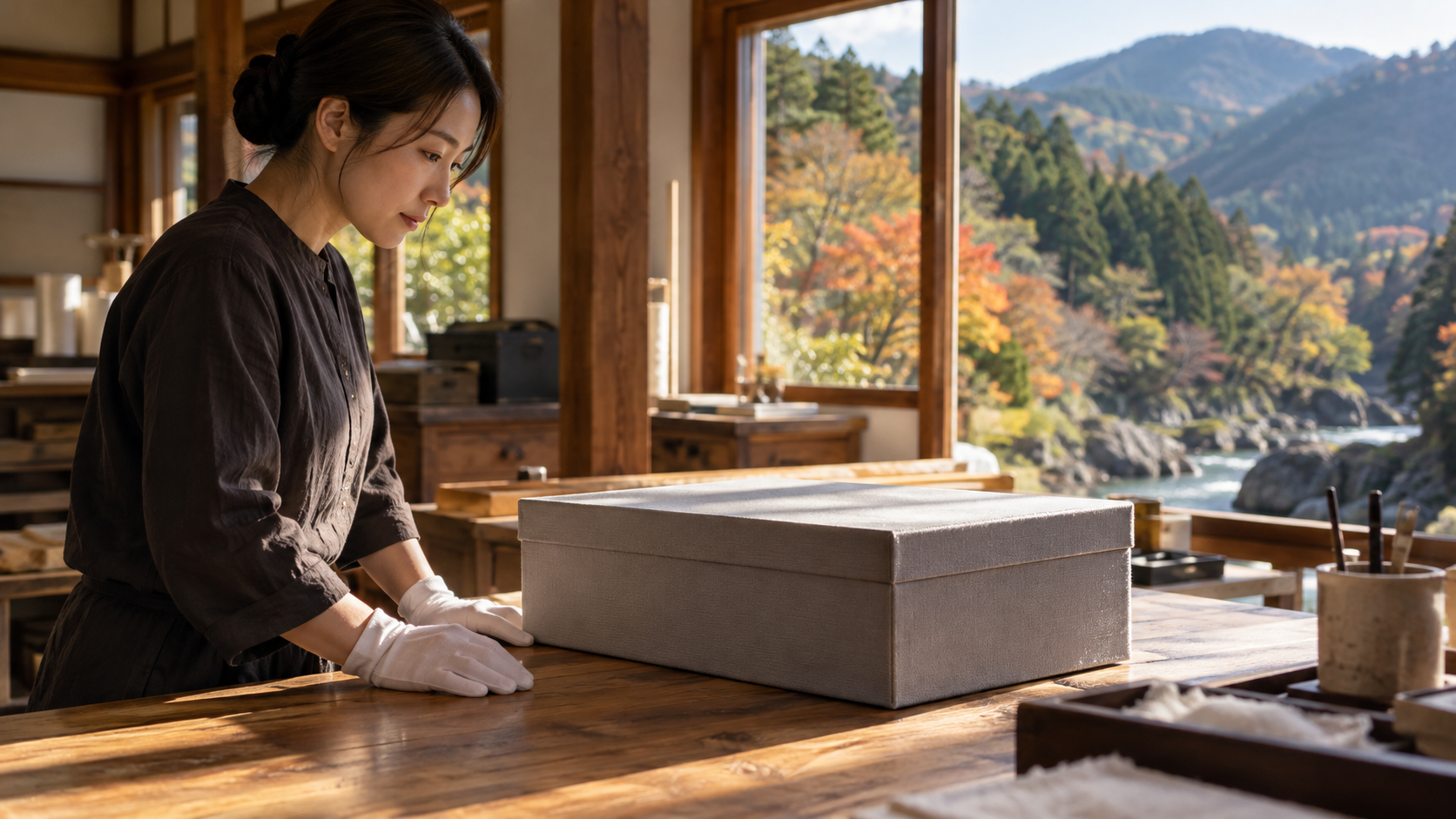 現代の資料調査を想起した手袋姿の女性と閉じた箱の創作情景
