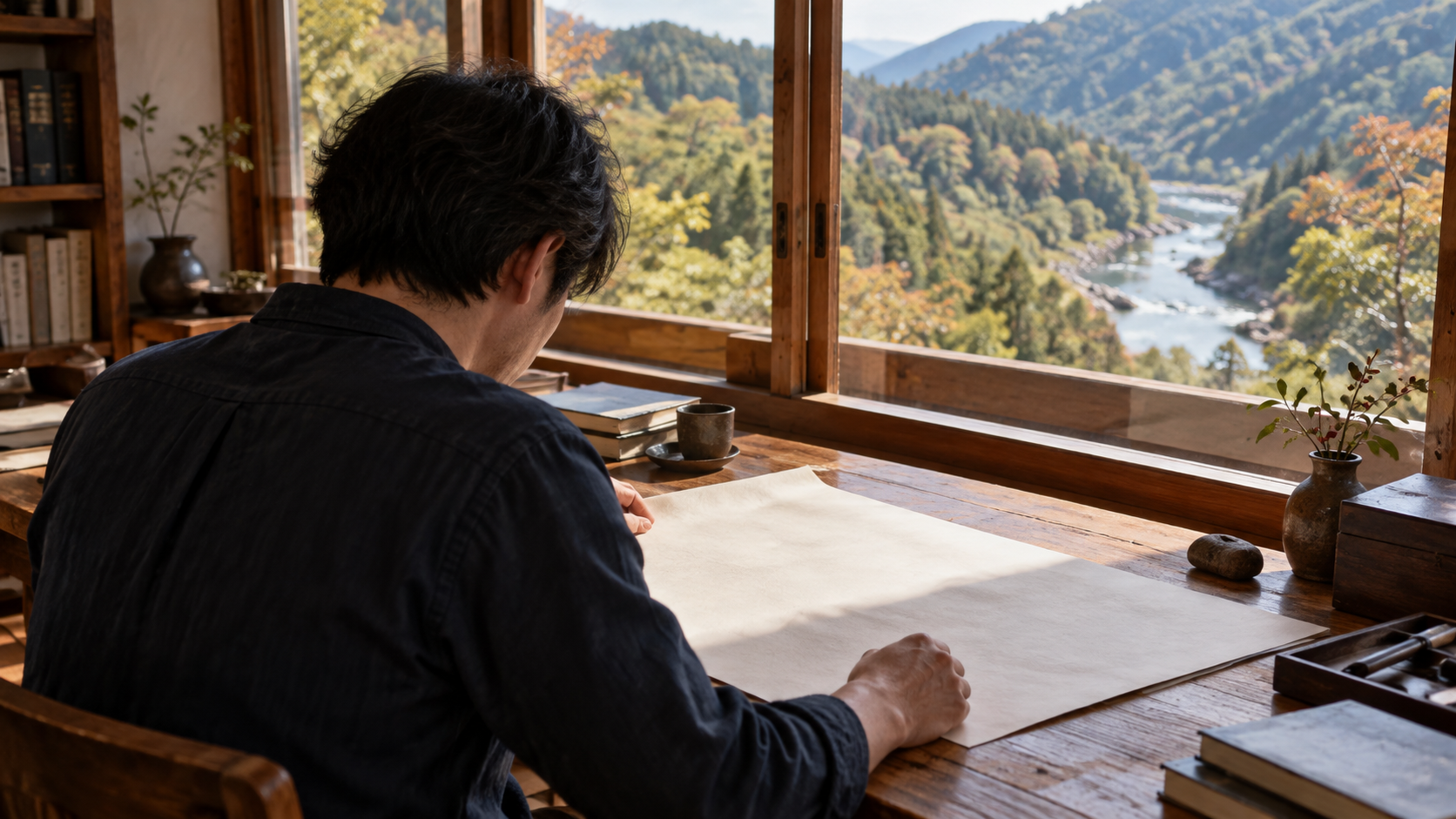 白い紙を机に広げる現代の調査者の創作情景