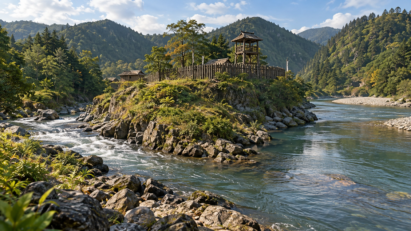 川の合流点に木造の防備を想起した創作景観