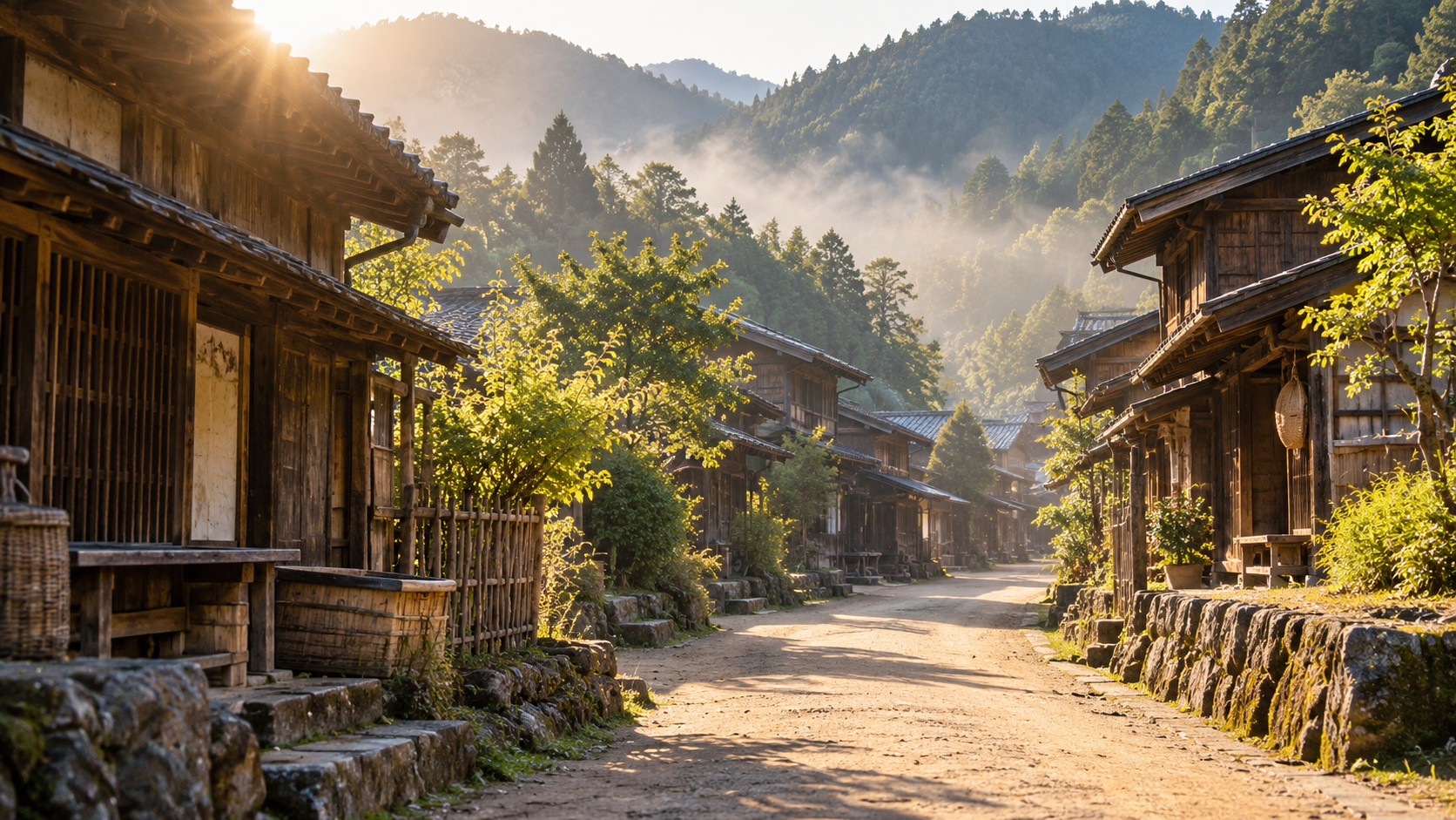 山間の木造家屋が道沿いに並ぶ創作情景