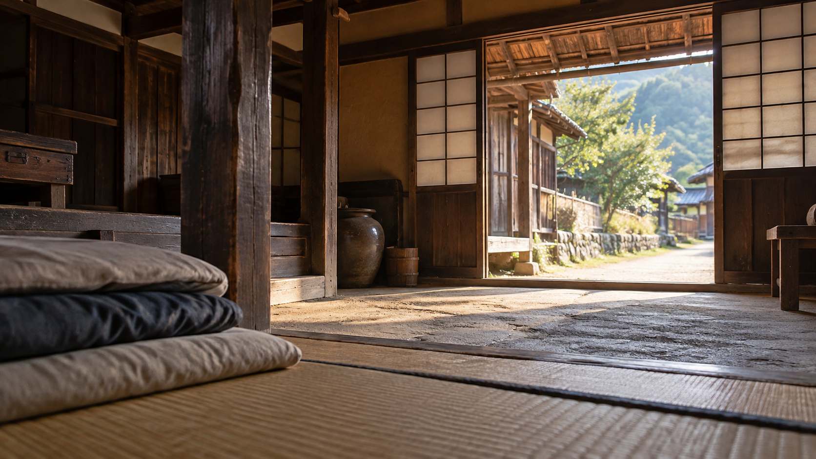 畳の部屋から土間と戸口を望む創作情景