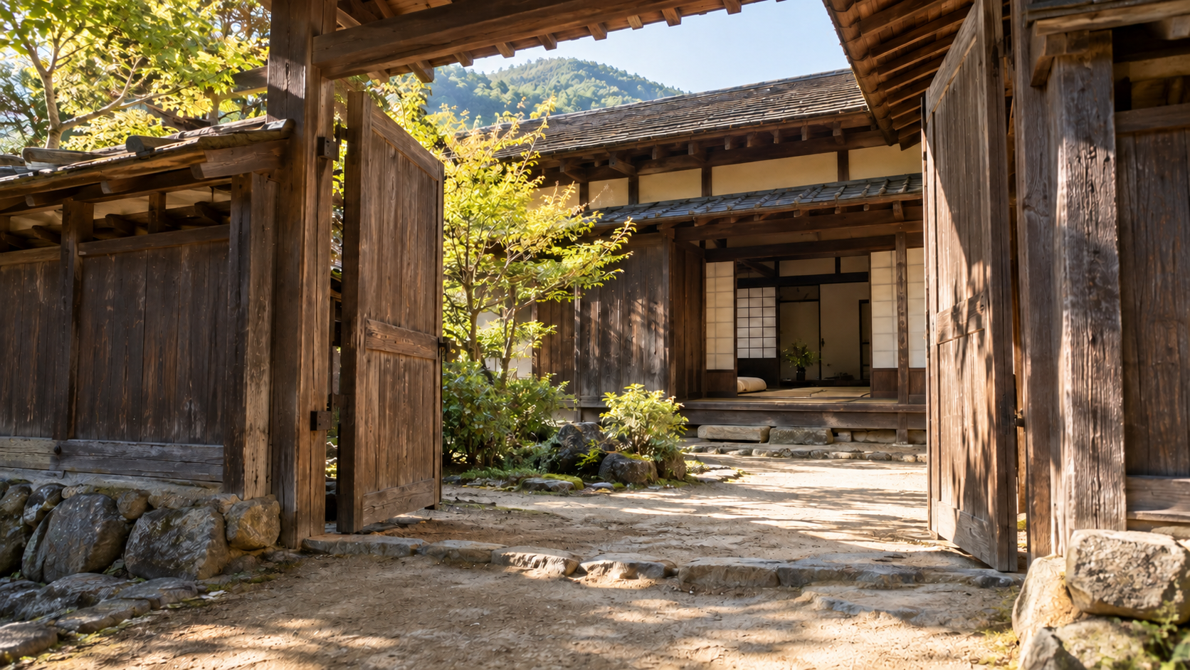 門の向こうに建物が見える創作情景