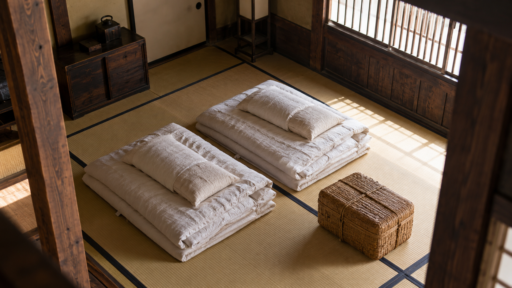 寝具と荷物を置いた畳の部屋の創作情景